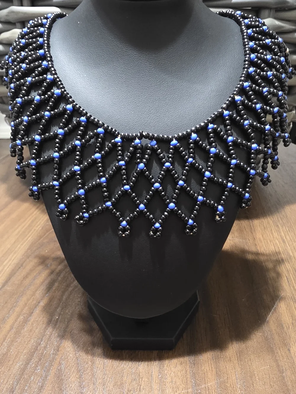 Handcrafted Black and Blue Beaded Statement Necklace